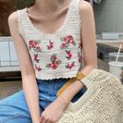 Sleeveless Flower-embroidered Knit Top
