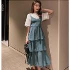 Short-sleeve Lettering T-shirt / Leaf Print Tiered Midi Dress