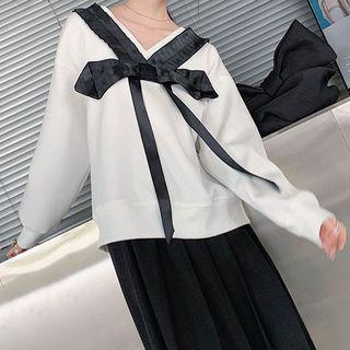 Frill Trim Bow-accent V-neck Sweatshirt