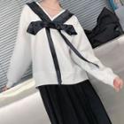 Frill Trim Bow-accent V-neck Sweatshirt