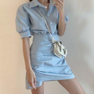 Puff-sleeve Fitted Irregular Mini Shirtdress