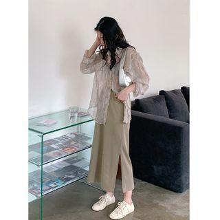 Slit-hem Midi A-line Skirt Green - One Size