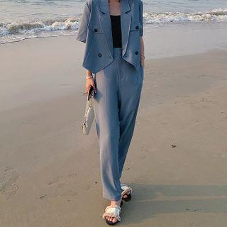 Set: Elbow-sleeve Double-breasted Blazer + High-waist Dress Pants