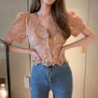 Puff-sleeve V-neck Lace Cropped Blouse