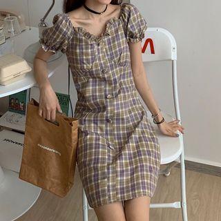 Short-sleeve Plaid Mini Dress Plaid - Purple & Gray - One Size