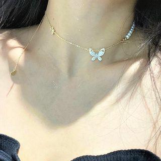 Butterfly Faux Pearl Alloy Choker 1 Pc - Gold - One Size