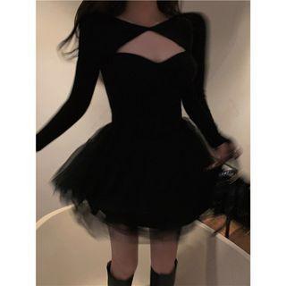 Long-sleeve Cut-out Mini A-line Dress Black - One Size