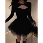Long-sleeve Cut-out Mini A-line Dress Black - One Size