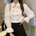 Ruffled Double-breasted Bell-sleeve Blouse White - One Size