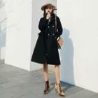 Tie-waist Plain Long Buttoned Coat