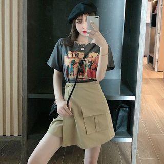 Set: Printed T-shirt + High-waist Wrapped Mini Skirt