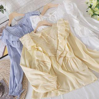Plain Ruffle Tied Long-sleeve Top