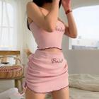 Set: Letter-sequined Tube Top + Drawstring Mini Skirt Pink - One Size