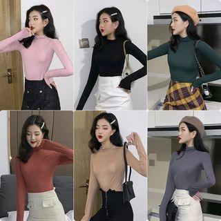 Plain Mock Neck Long-sleeve Top