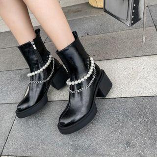 Block Heel Faux Pearl Chain Short Boots