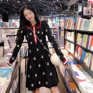 Embroidered Contrast Trim Collared Dress