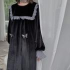 Long-sleeve Plaid Detail Dress Black - One Size