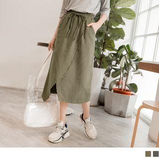 Fray Trim Flap-front Midi Skirt