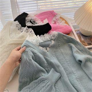 Long-sleeve V-neck Lace-trim Sweater