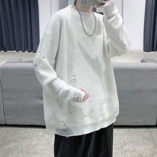 Drop-shoulder Plain Distressed Sweater