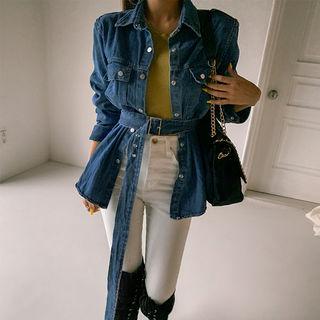 Padded-shoulder Denim Shirt With Belt