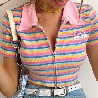 Zip-up Stripped Cropped T-shirt