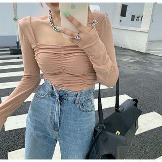 Square Neck Pleated Plain Long-sleeve Top