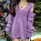 Cold Shoulder V-neck Sweater Purple - One Size