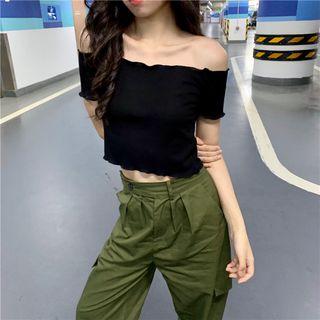 Plain Off-shoulder Short-sleeve Slim-fit Crop Top Black - One Size