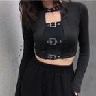 Cutout Long-sleeve Crop Top Black - One Size