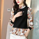 Long-sleeve Mock Two-piece Floral Blouse