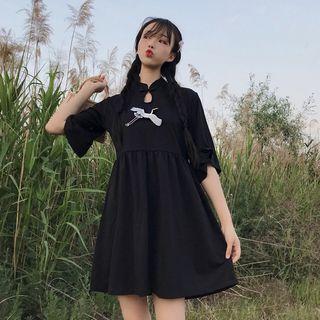 Elbow-sleeve Tie-neck A-line Dress