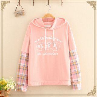 Printed Gingham Long-sleeve Hoodie Pink - One Size