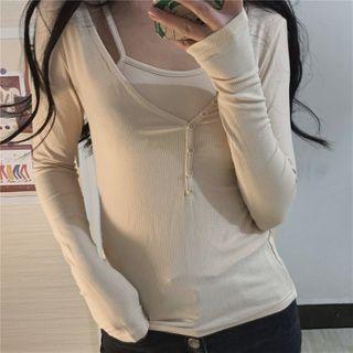 Set: Long-sleeve T-shirt + Spaghetti Strap Top Set - Almond - One Size