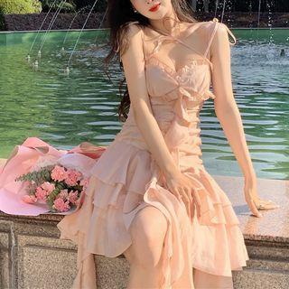 Spaghetti Strap Ruffle Trim Tiered Mini A-line Dress