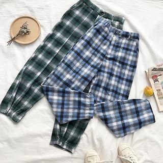 Color-block Plaid High-waist Harem Pants