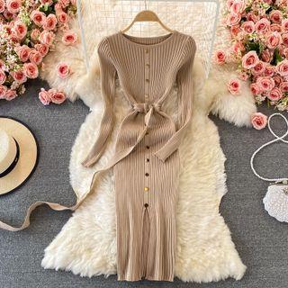 Long Sleeve Slit Knit Dress With Belt