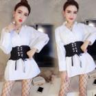 Long-sleeve Stand Collar Blouse With Lace-up Belt