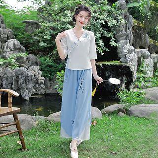 V-neck Frog-button Blouse / Wide Leg Pants / Set
