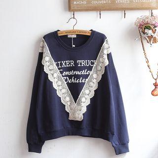 Long-sleeve Lace-trim Lettering T-shirt