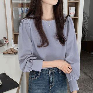 Puff Long-sleeve Round Neck Plain Blouse