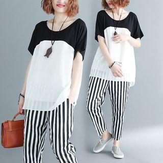 Set: Color Block Short-sleeve T-shirt + Striped Cropped Pants
