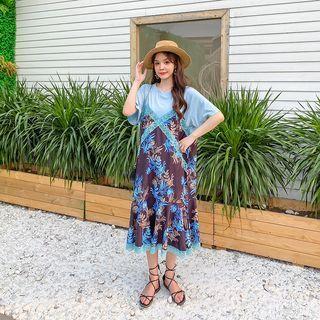 Short-sleeve Round-neck Mock Two-piece Dress