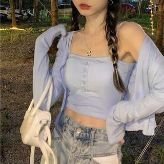 Set: Plain Cardigan + Henley Cropped Camisole Top