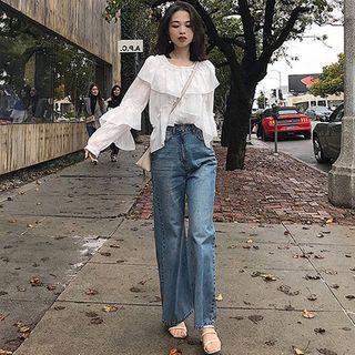 Long-sleeve Layered Top / Camisole / Wide Leg Jeans / Set
