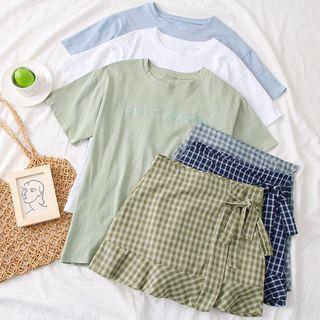 Set: Embroidered T-shirt + Plaid Mini Skirt