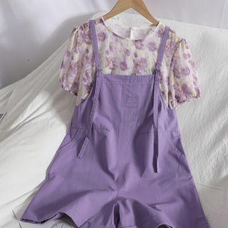 Set: Short-sleeve Floral Print Blouse + Spaghetti Strap Romper