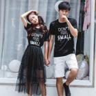 Couple Matching Lettering Short-sleeve T-shirt / Set: Cold Shoulder Short-sleeve T-shirt Dress + Mesh Midi Skirt
