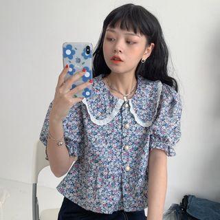 Short-sleeve Floral Blouse Floral - Blue - One Size