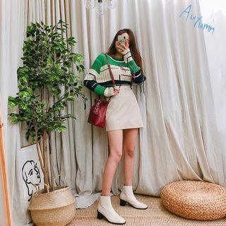 Set: Color-block Fringe-detail Sweater + Faux-leather Skort